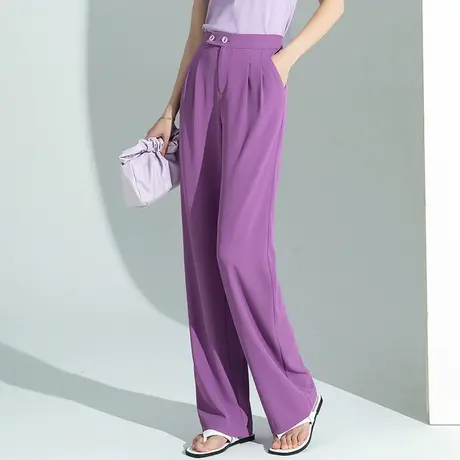 紫色冰丝阔腿裤女夏季薄款裤子休闲直筒长裤窄版高腰垂感拖地裤夏商品大图