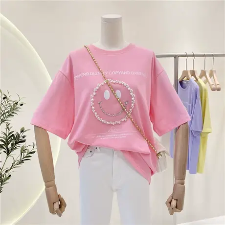 短袖t恤女夏季2021新款韩版ins潮钉珠笑脸宽松百搭洋气半袖上衣服商品大图