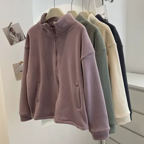 气质立领摇粒绒拉链外套！冬季保暖加厚双面澳利绒休闲开衫卫衣女商品大图