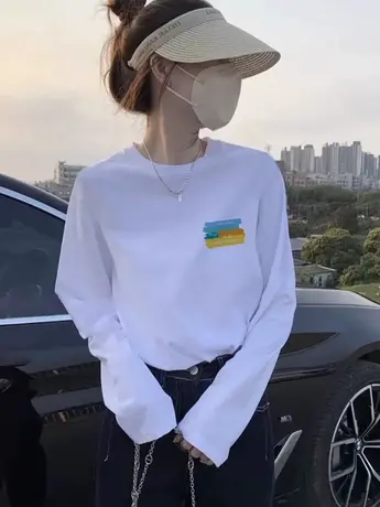 白色仿棉长袖t恤女装2023新款爆款欧货秋冬季加绒内搭打底衫上衣商品大图