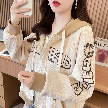 早秋小个子连帽卫衣女春秋季韩版宽松薄款拼色洋气提花开衫外套潮商品大图