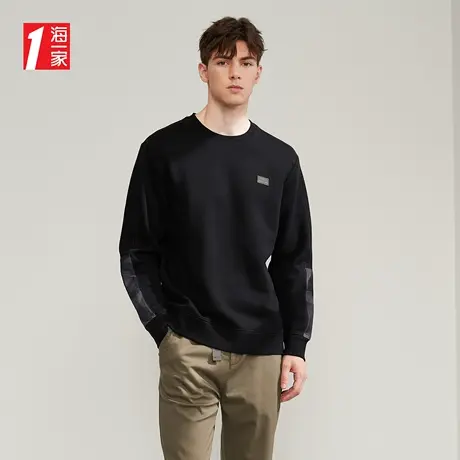 海一家休闲舒适上衣2023秋季新款时尚拼接简约圆领基础男士卫衣商品大图