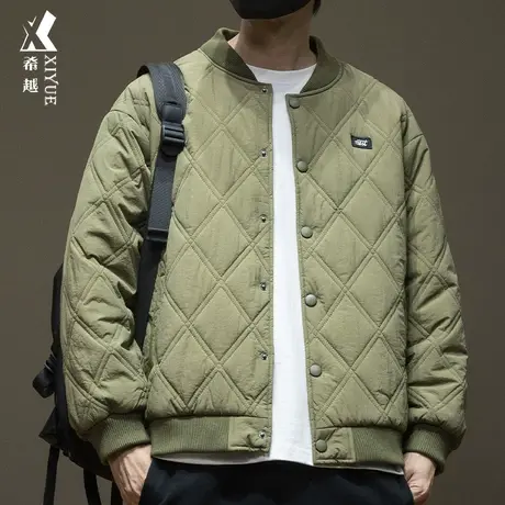 户外防风棉衣男款潮流菱格棉服外套秋冬宽松大码军绿色棒球领外衣商品大图