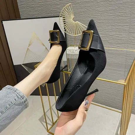 黑色绒面高跟鞋女细跟2024年新款法式方扣女神范尖头浅口职业单鞋商品大图