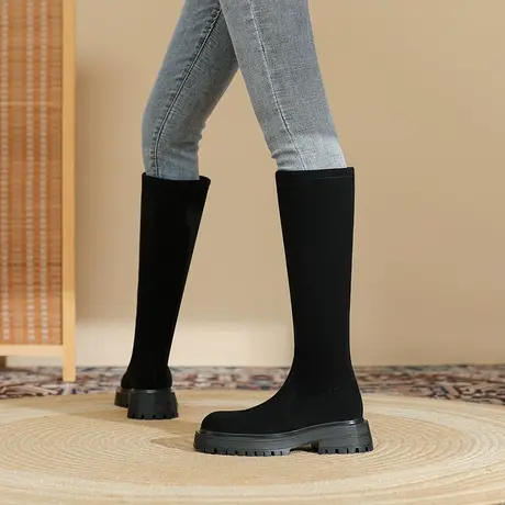 不过膝长筒靴2024冬季厚底新款粗跟大筒围高筒骑士靴黑色百搭长靴图片