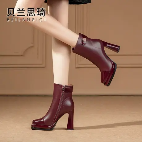 真皮方头厚底超高跟短靴女骑士2023秋冬季新款防水台高跟马丁靴子图片