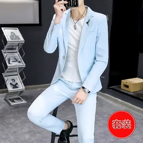 西服套装男韩版修身外套搭配裤子一套男装潮流秋季时尚纯色小西装图片