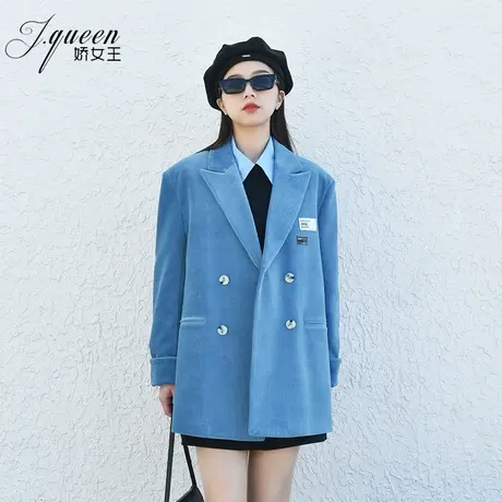 蓝色灯芯绒西装外套女春秋季新款时尚复古休闲条绒高级感加绒西服商品大图