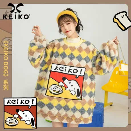 可爱贴布印花羊羔毛外套女加绒加厚2023冬季复古菱格中长款卫衣商品大图