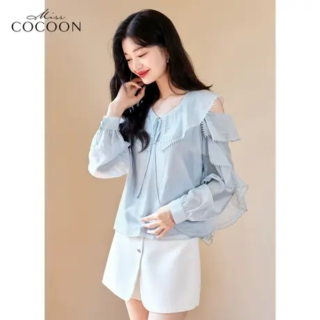 miss COCOON法式荷叶边衬衫女2023新款春季V领露肩设计感雪纺上衣商品大图