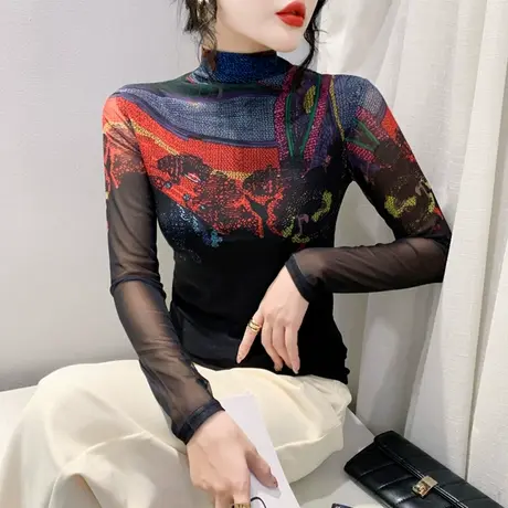设计感半高领网纱印花长袖打底衫女欧货洋气内塔上衣修身T恤秋冬图片