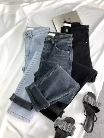 美式复古牛仔加绒直筒裤女2023冬季新款显瘦小个子弹力九分烟管裤商品大图