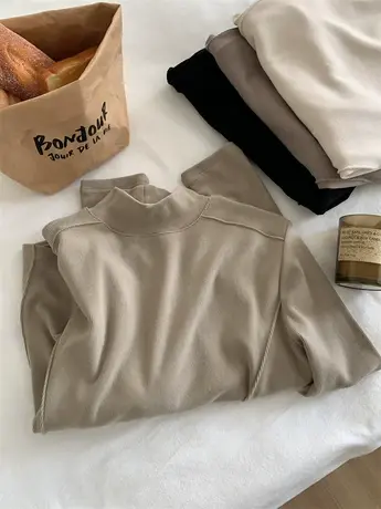 设计感抽褶修身显瘦慕斯绒立领打底衫女秋冬磨毛长袖T恤保暖内搭商品大图