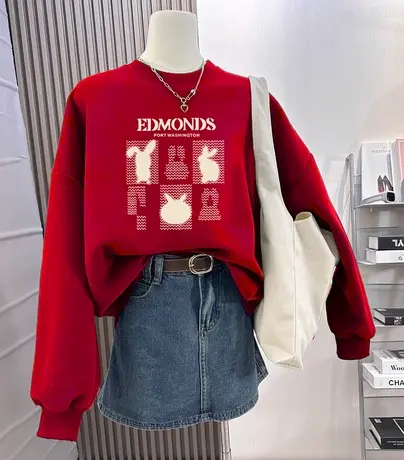 国风加绒圆领卫衣2023新款冬季ins潮大码本命年复古红色外套上衣商品大图