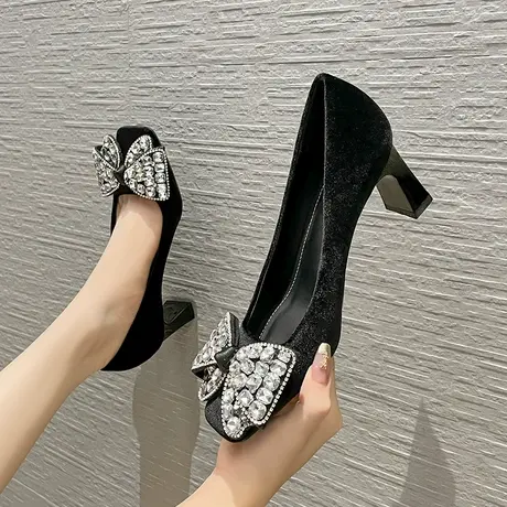 高跟鞋女2024年新款秋冬方头水钻蝴蝶结法式少女时尚百搭粗跟单鞋商品大图