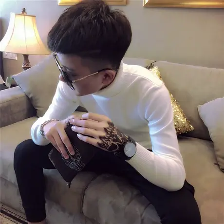 冬季潮男高领毛衣时尚社会人小伙百搭打底韩版修身网红针织衫帅T商品大图