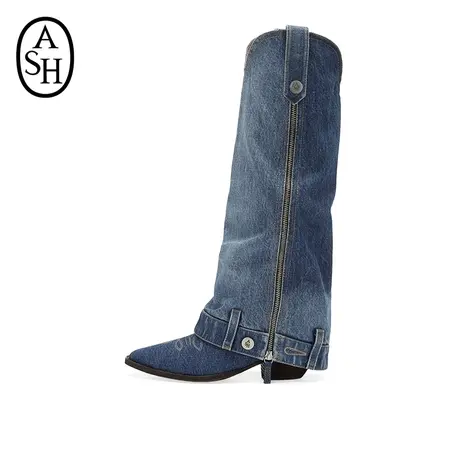 ASH女鞋2024新款DESPERADO复古丹宁牛仔高筒靴骑士靴西部靴长筒靴商品大图