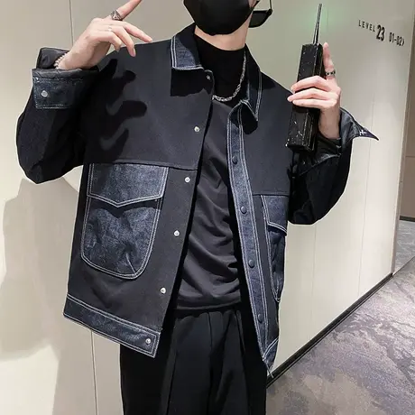 秋季男士夹克外套上衣工装拼接牛仔潮流休闲青年潮牌网红机车百搭商品大图