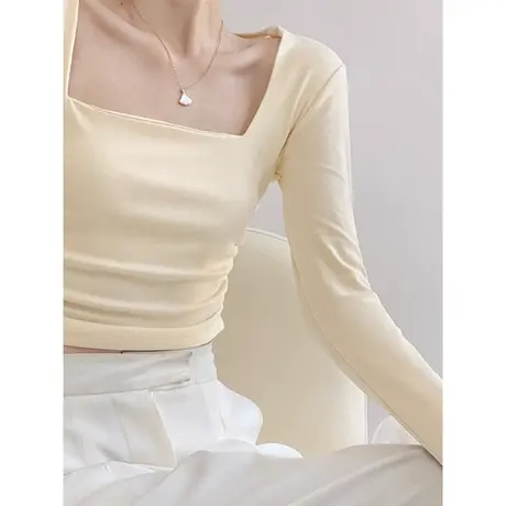 短款露脐褶皱长袖T恤女秋冬季辣妹修身上衣德绒保暖内搭打底小衫商品大图