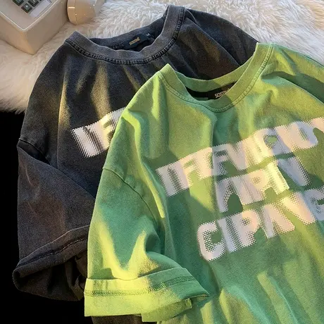 美式hiphop晕染字母印花短袖t恤男潮牌ins复古高街宽松情侣上衣服商品大图