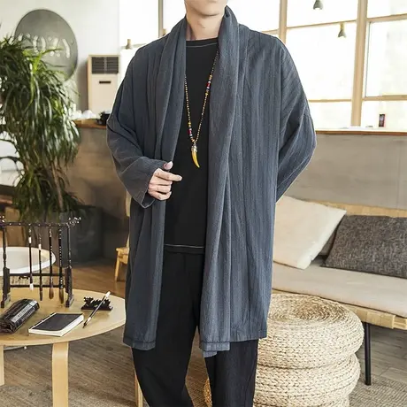 中国风男士开衫汉服唐装改良青年男亚麻茶服外套大码复古衣服长袍商品大图