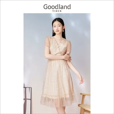 Goodland美地女装2023夏季V领新中式波点 钉珠旗袍连衣裙商品大图