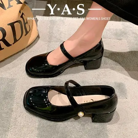 法式晚风单鞋女赫本风温柔中粗跟玛丽珍女鞋优雅淑女小皮鞋高跟鞋图片