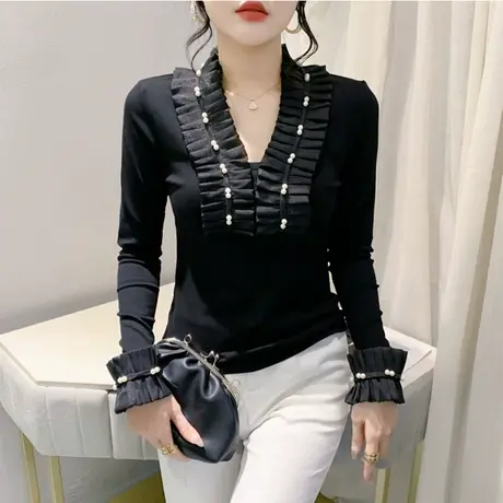 设计感拼接镂空V领褶皱钉珠长袖荷叶边T恤女修身洋气上衣打底小衫商品大图