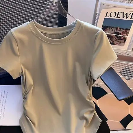 夏季圆领百搭修身纯欲正肩短袖t恤女辣妹高腰短款露肚脐体恤上衣商品大图