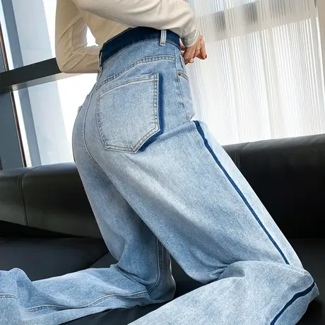 撞色拼接浅色牛仔裤女直筒宽松阔腿裤休闲长裤子2024年春夏季新款图片