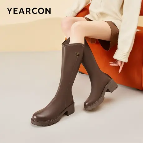 意尔康女鞋秋冬季粗跟长靴不过膝高筒皮靴复古法式骑士靴小个子图片