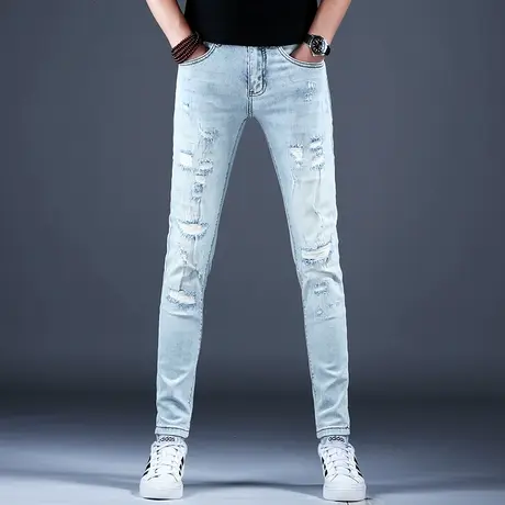 春秋浅色破洞牛仔裤男潮牌弹力小脚修身裤子潮流2024新款休闲长裤商品大图
