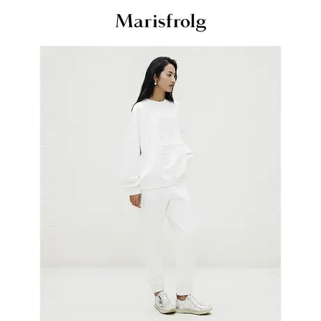 【松弛裤装】玛丝菲尔春白色休闲抽绳纯棉哈伦束脚裤女图片