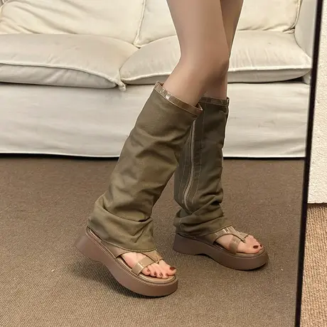 裤管靴女2024夏季新款凉鞋女厚底增高小众罗马鞋夹趾复古凉靴短靴商品大图