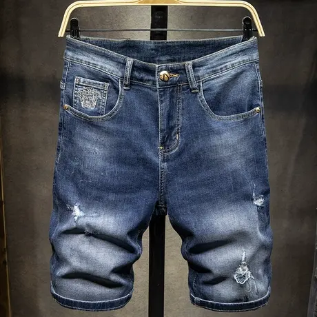 夏天薄款潮牌破洞牛仔短裤男刺绣五分裤子男士百搭中裤马裤弹性款商品大图