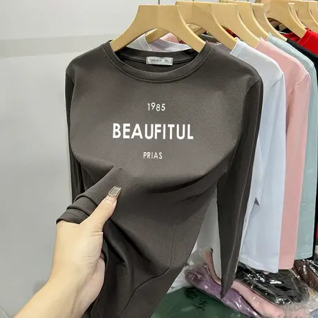 2024新款早春字母印花T恤女长袖薄款纯棉打底衫秋冬季内搭磨毛图片