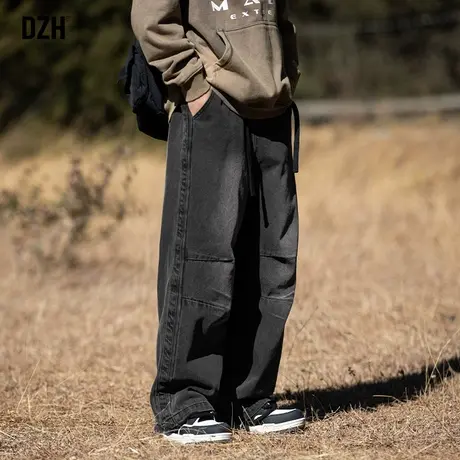 男士黑色直筒牛仔裤2024新款男宽松阔腿美式高街裤子男款休闲长裤商品大图