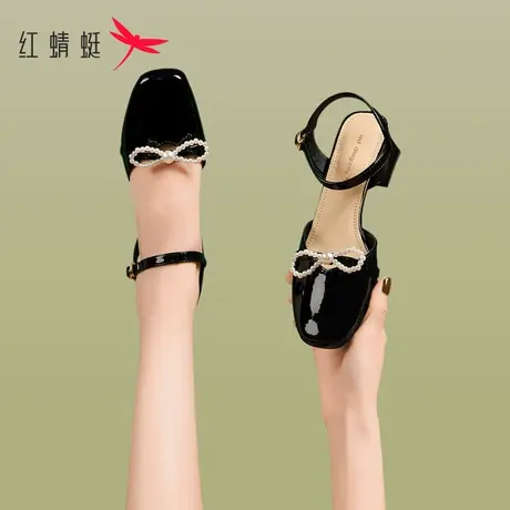 红蜻蜓玛丽珍凉鞋女2023新款夏季珍珠一字带粗跟包头配裙子高跟鞋商品大图