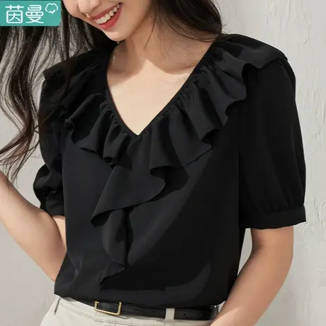 茵曼特价清仓雪纺衬衣女衬衫黑色上衣短袖2024夏季新款外穿短款图片