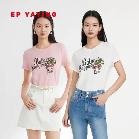 EP雅莹女装 多巴胺国潮草莓宽松短袖正肩T恤 2023新款5302A图片