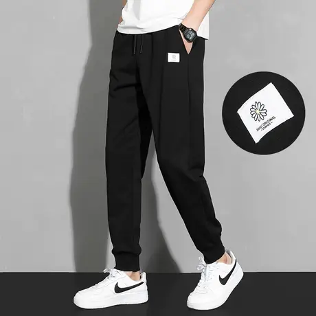 春秋季长裤子男黑色休闲运动加绒加厚秋冬季小脚束脚九分抽绳卫裤商品大图