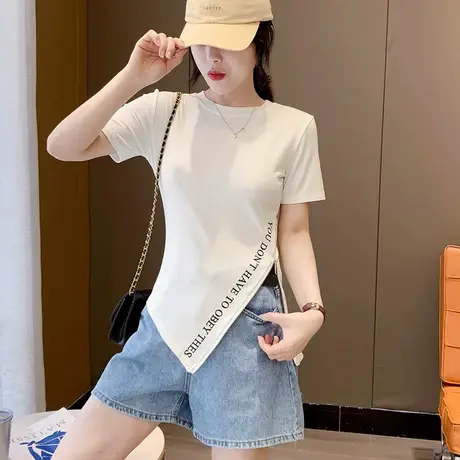 2022年夏装新款不规则T恤女短袖开叉设计感拉链上衣白色修身小衫商品大图