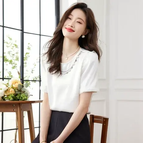 时尚气质短袖衬衫2023年夏季新款淑女温柔甜美圆领显瘦通勤上衣商品大图