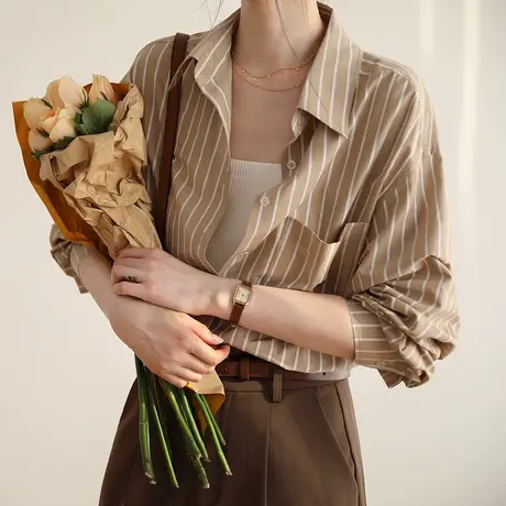 2023秋季新款复古条纹衬衫女港风休闲衬衫外套高级感叠穿上衣女商品大图