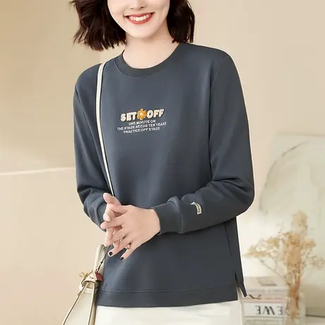 正肩圆领卫衣女加绒2023年秋冬新款时尚中年妈妈上衣服常规款外套图片