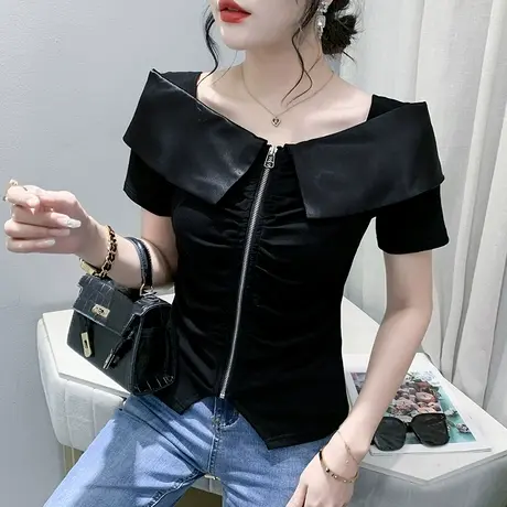 一字领短袖女欧货设计感拉链T恤ins潮不规则开叉上衣收腰显瘦小衫商品大图
