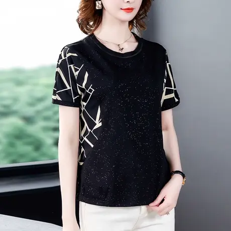黑色短袖t恤女夏装2023年新款短款上衣服ins潮季欧美复古宽松亮片商品大图