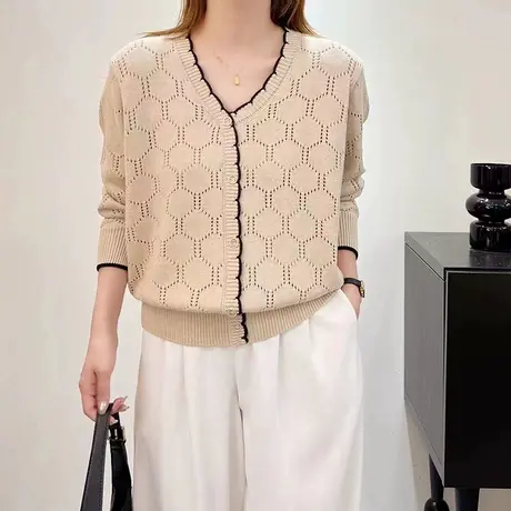 秋季2023新款初秋针织开衫女薄款高级感外搭镂空钩花春秋上衣百搭图片