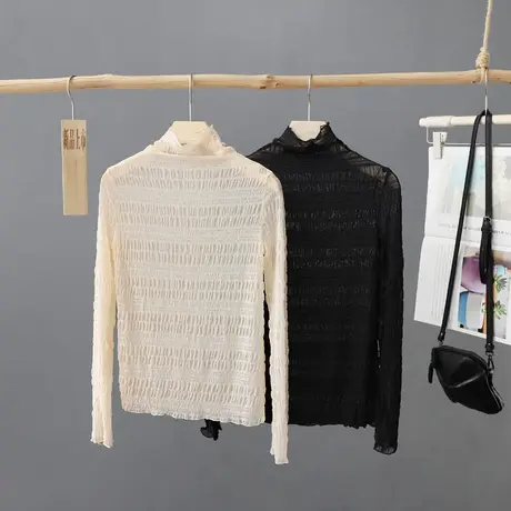 洋气半高领设计感小众内搭蕾丝衫女长袖时尚甜美透视网纱打底上衣图片