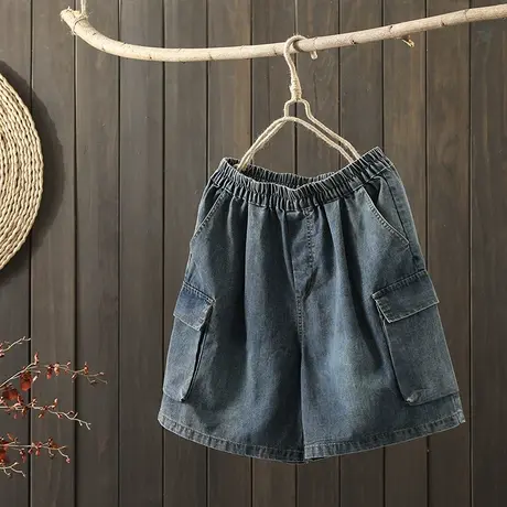 枫谜2021年夏季新款文艺复古立体口袋牛仔短裤女宽松牛仔阔腿裤图片